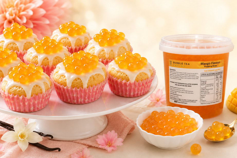 Little Cream Kiss Cakes with Mango Popping Boba