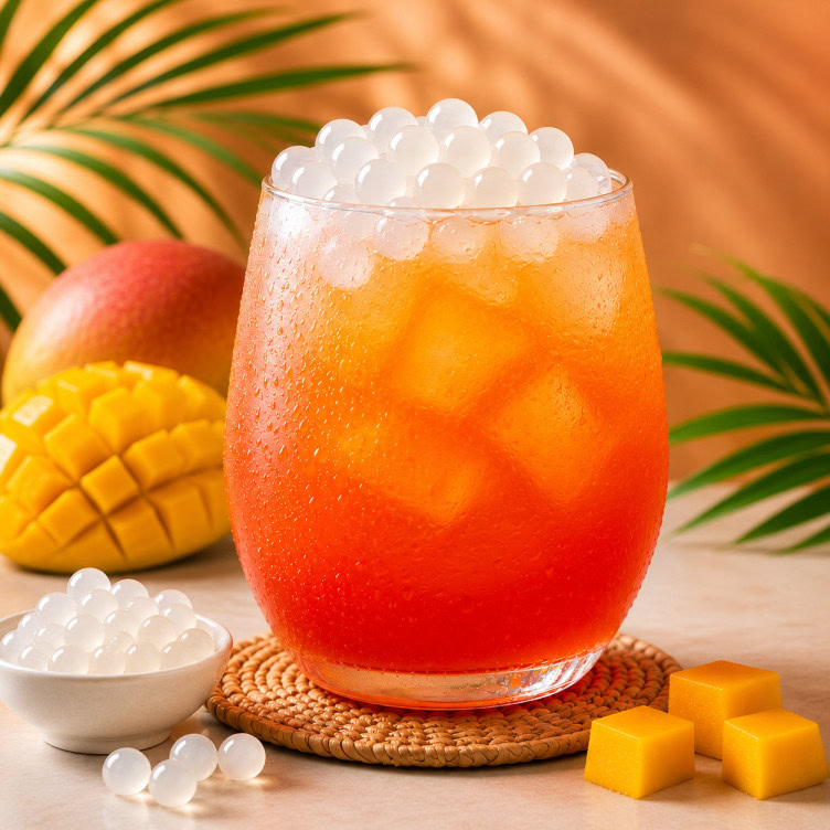 Mango syrup and litchi popping boba